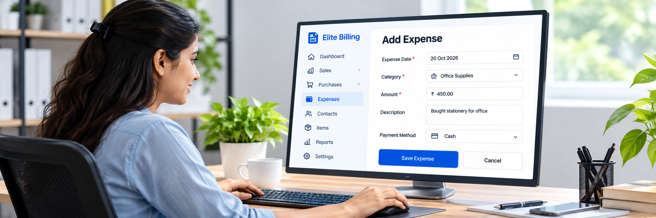 Modern business expense entry workspace for Elite Billing